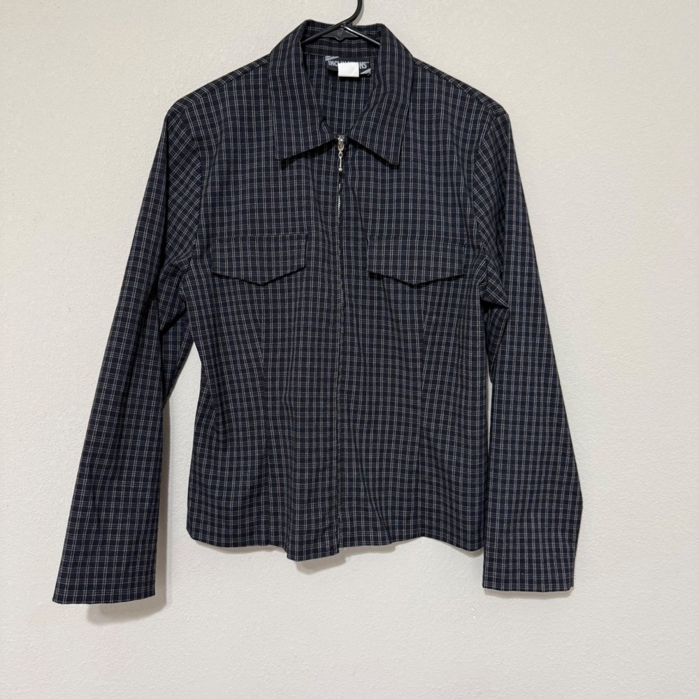 Inclinations Zip Front Shirt Women Large Blue Plaid Vintage 90s Grid Shacket